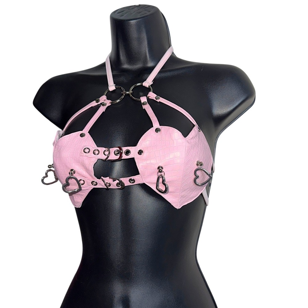 Small Pink Croc Embossed Faux Leather Heart Harness Bralette Festival Rave Top‎